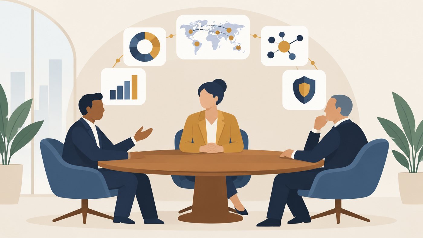 An investment committee discusses cyber exposure around a table, with charts, a world map and a shield above them