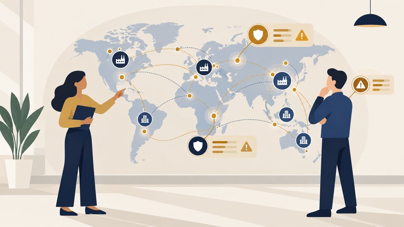 Two analysts review a world map of company sites and suppliers, with exposure alerts on several locations