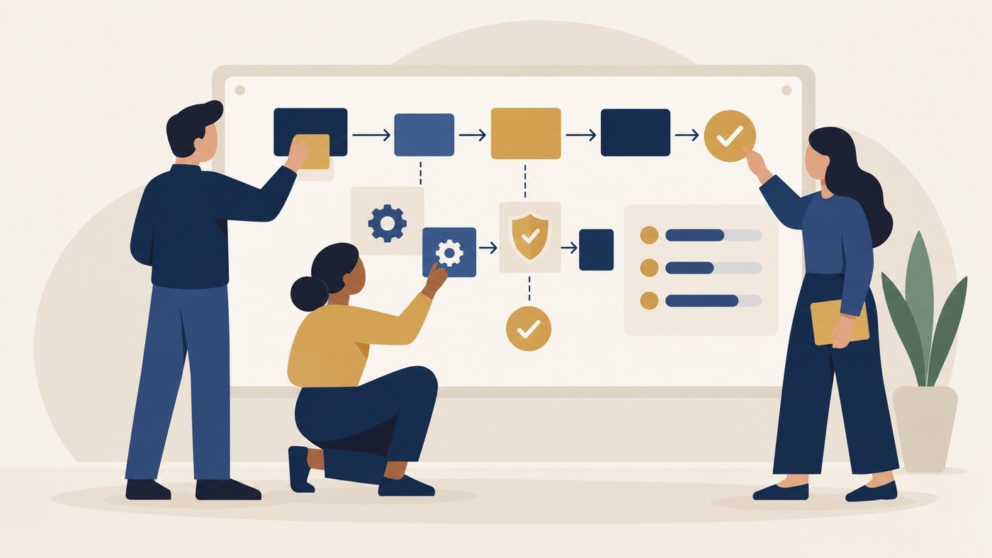 A team maps an assessment workflow on a board, from evidence through checks to a verified result